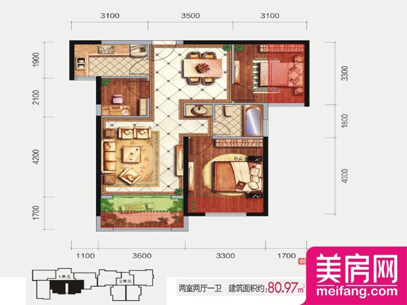 9号楼1单元标准层 2室2厅1厨1卫 80.97㎡ 9号楼1单元标准层 2室2厅1厨1卫 80.97㎡