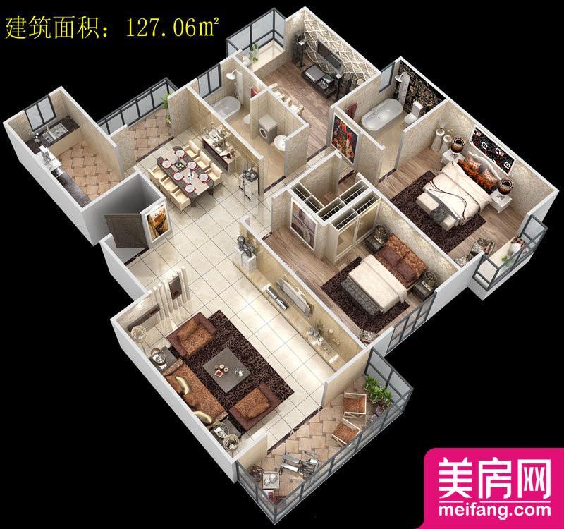 12#C1户型 3室1厅1厨2卫 127.06㎡ 12#C1户型 3室1厅1厨2卫 127.06㎡