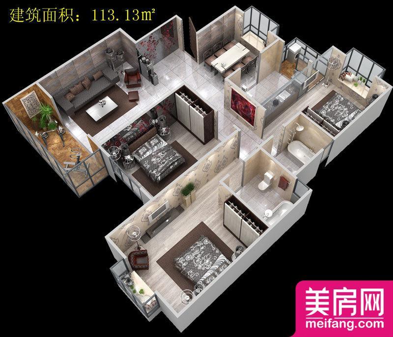 14#G户型 3室1厅1厨2卫 113.13㎡ 14#G户型 3室1厅1厨2卫 113.13㎡