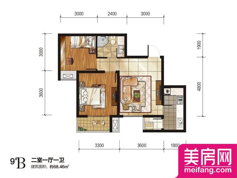 9#B户型 2室1厅1厨1卫 68.46㎡ 9#B户型 2室1厅1厨1卫 68.46㎡