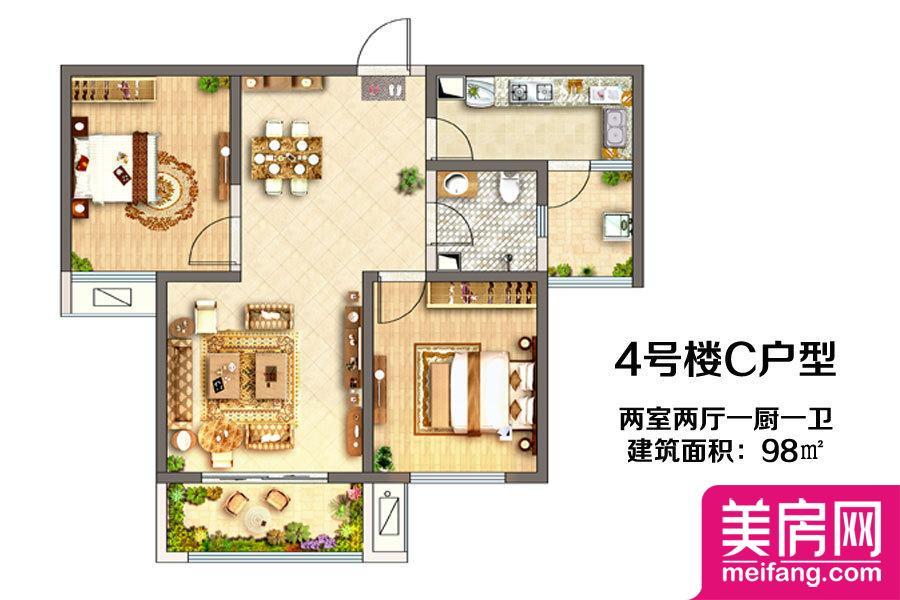 4号楼C户型 2室2厅1厨1卫 98.00㎡ 4号楼C户型 2室2厅1厨1卫 98.00㎡