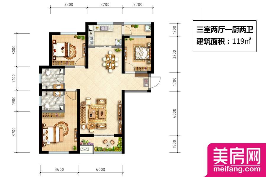 3#楼三室户型南北通透 3室2厅1厨2卫 119.00㎡ 3#楼三室户型南北通透 3室2厅1厨2卫 119.00㎡