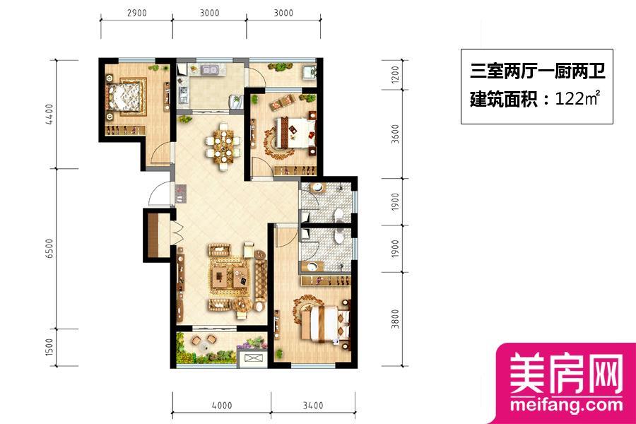 3#楼三室户型南北通透 3室2厅1厨2卫 122.00㎡ 3#楼三室户型南北通透 3室2厅1厨2卫 122.00㎡