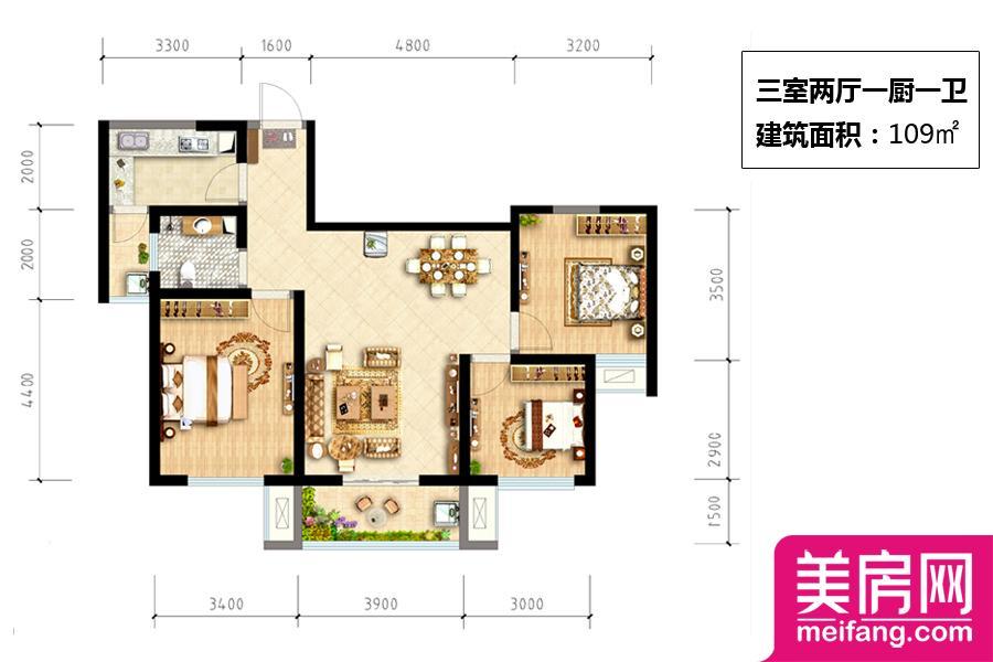 3#楼三室户型纯南朝向 3室2厅1厨1卫 109.00㎡ 3#楼三室户型纯南朝向 3室2厅1厨1卫 109.00㎡