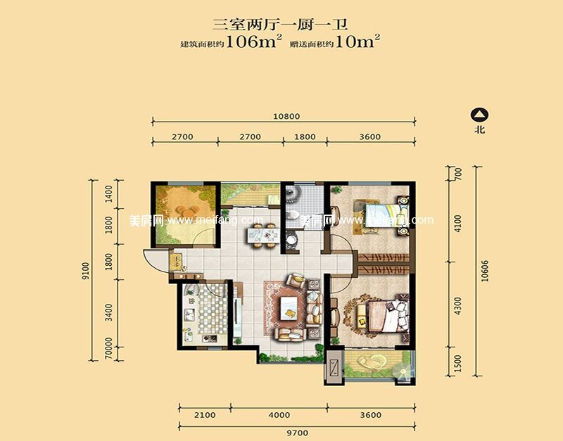 B4户型 3室2厅1卫 106.00㎡ B4户型 3室2厅1卫 106.00㎡