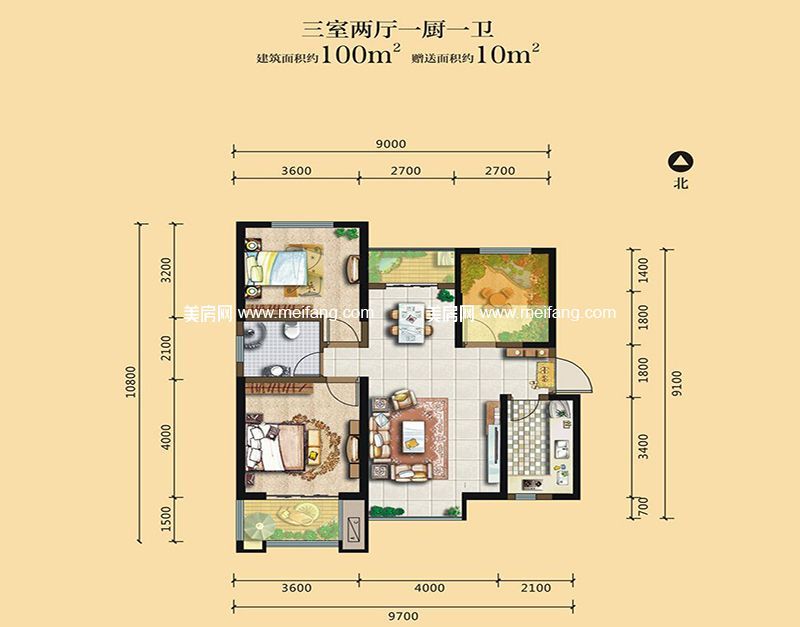 B3户型 3室2厅1卫 100.00㎡ B3户型 3室2厅1卫 100.00㎡