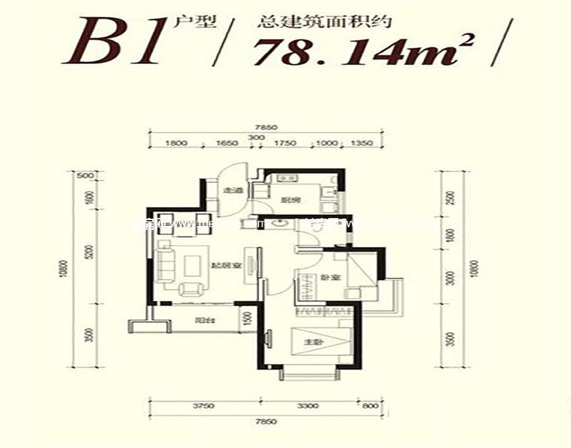 B1户型 2室2厅1厨1卫 78.14㎡ B1户型 2室2厅1厨1卫 78.14㎡