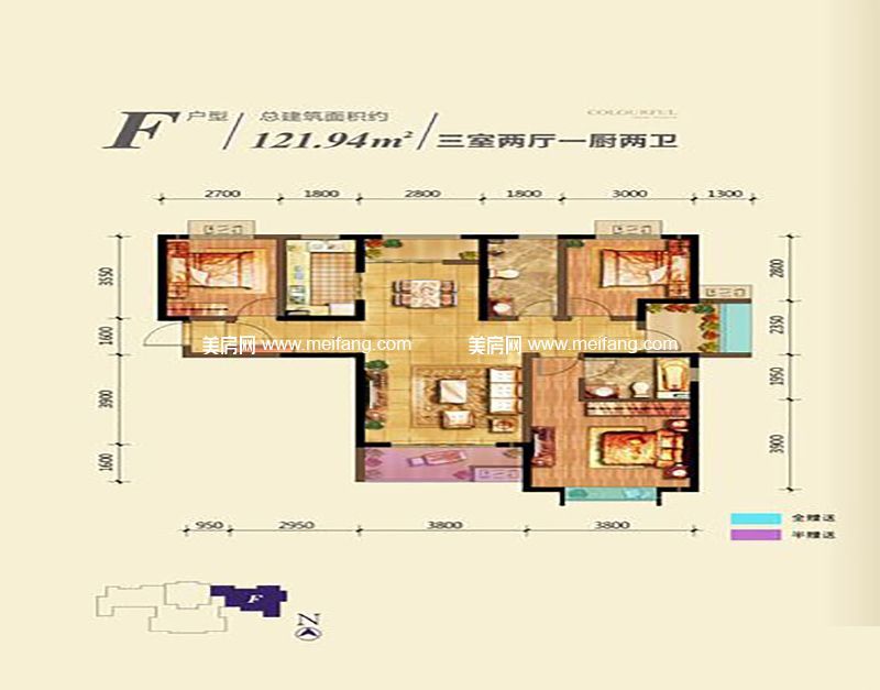 F户型 3室2厅1厨2卫 121.94㎡ F户型 3室2厅1厨2卫 121.94㎡