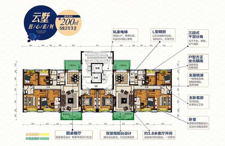 碧桂园天玺湾云墅大平层户型 5房2厅1厨3卫 200㎡