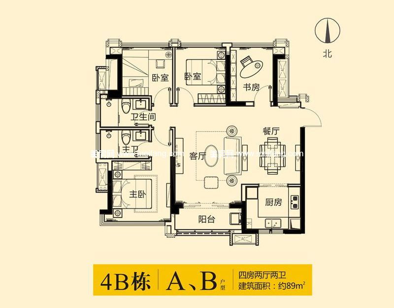 德润荣君府 一期4#B座A/B户型 4室2厅2卫 89.00 ㎡ 