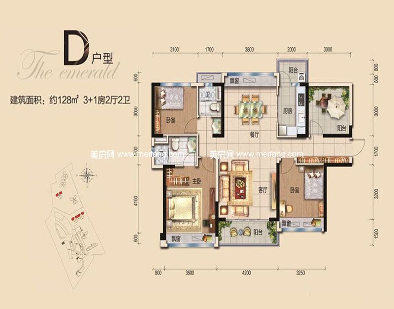 碧桂园翡翠山一期珑悦组团3#5#楼d户型 4室2厅1厨2卫 128㎡