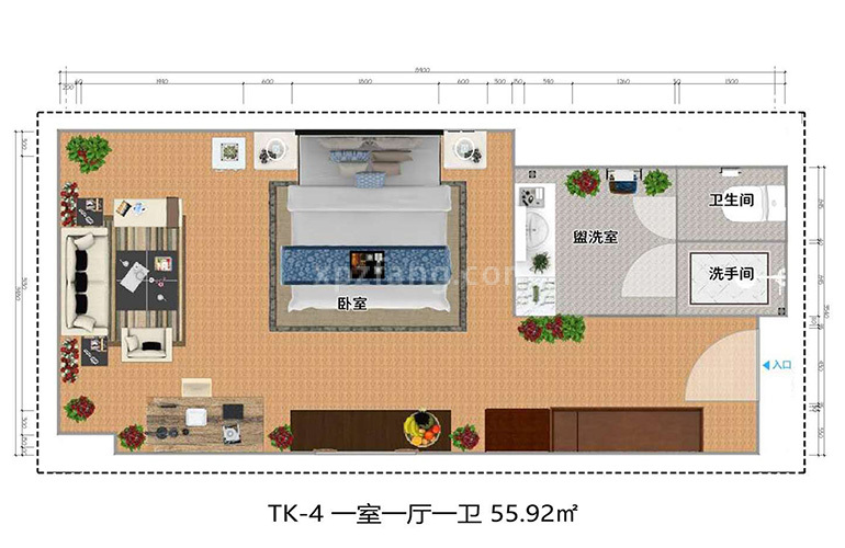 和悦华美达广场酒店 TK-4A户型 1室1厅1卫1厨 72.48㎡