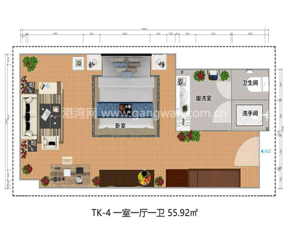 和悦华美达广场酒店 TK-4户型 1室1厅1卫1厨 55.92㎡
