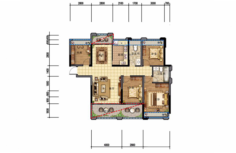 希宇上东城 A户型 4房2厅2卫1厨 128㎡