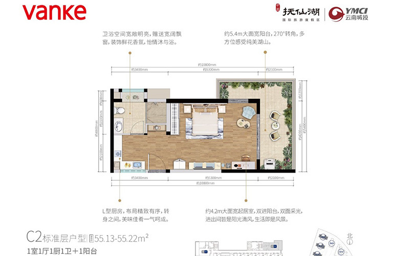 C2标准层户型 1室1厅1卫1厨 55㎡ C2标准层户型 1室1厅1卫1厨 55㎡