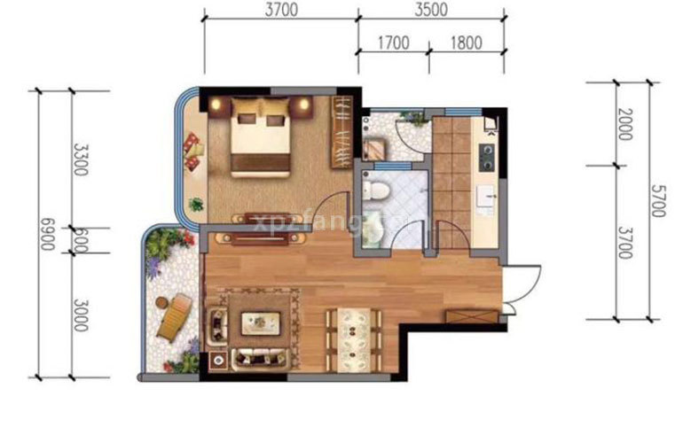 公寓户型-1室1厅1卫-建面51㎡-57㎡