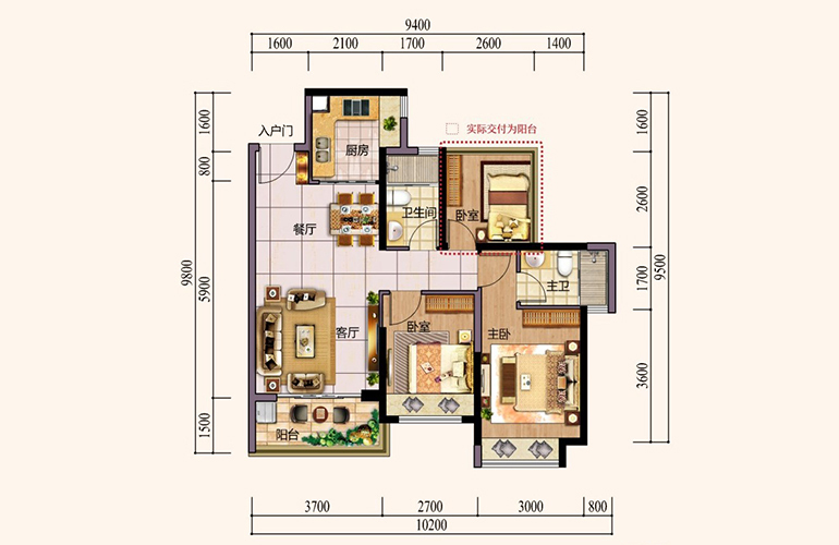 高层A1A2户型 3房2厅2卫1厨 建面88㎡