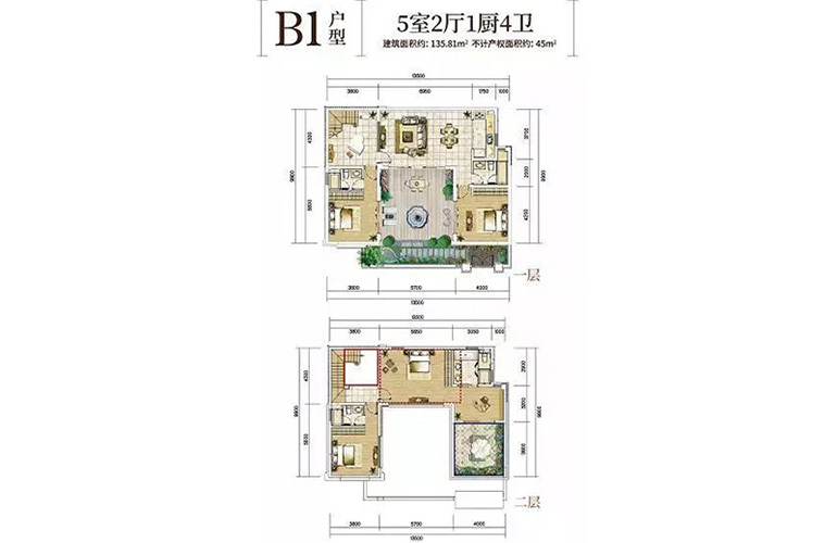 B1户型 5室2厅4卫1厨 135.81㎡ B1户型 5室2厅4卫1厨 135.81㎡