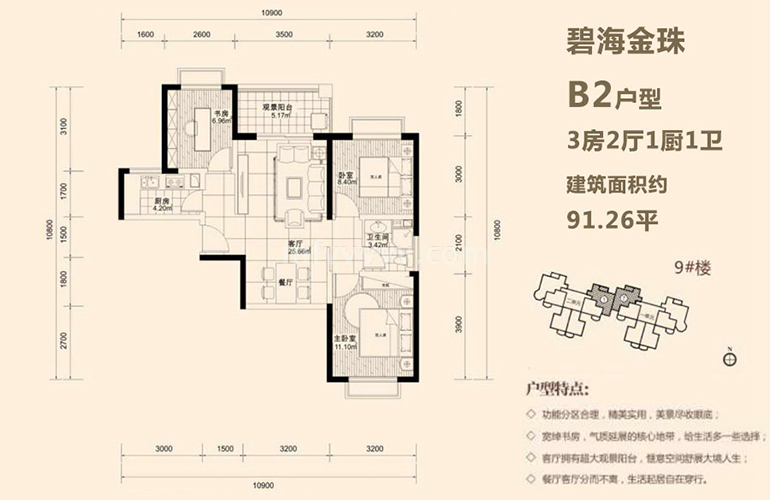 青龙碧海金珠 高层 9#B2户型 3室2厅1厨1卫 建面91㎡