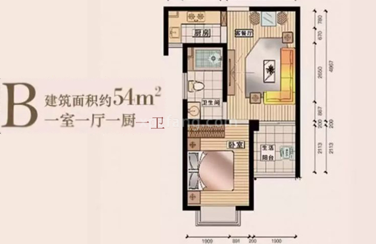 福地滨河湾 酒店产权式户型：B户型 建面约54㎡ 一室一厅一厨一卫