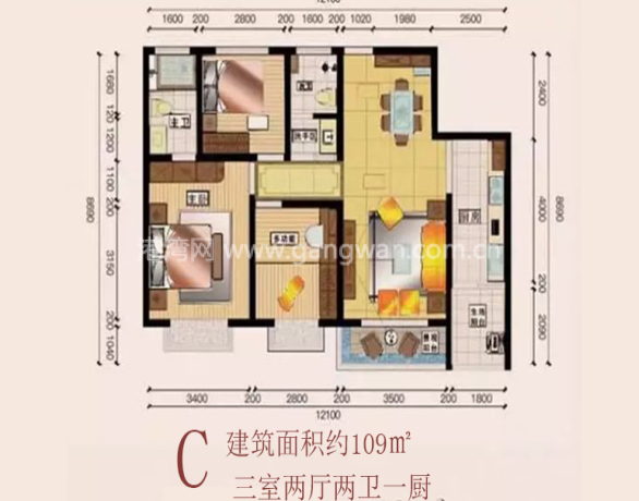 福地滨河湾 公寓户型：C户型 建面约109㎡ 三室两厅两卫一厨