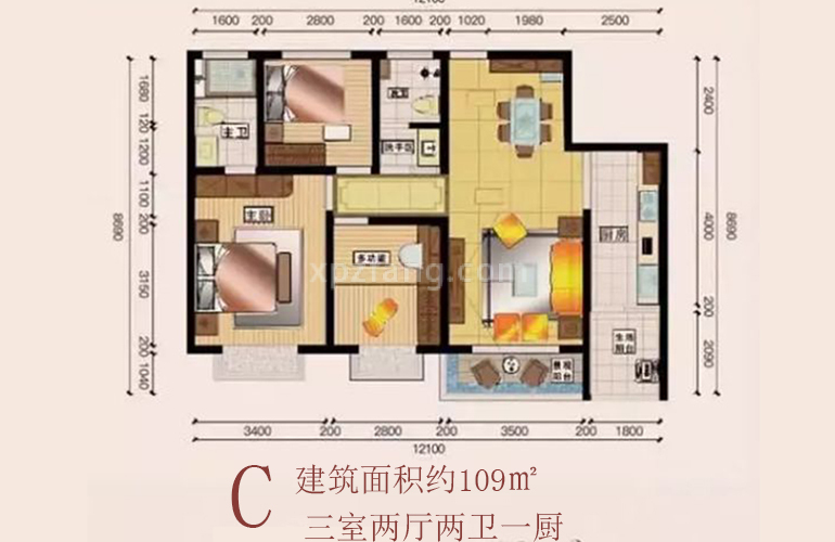 福地滨河湾 公寓户型：C户型 建面约109㎡ 三室两厅两卫一厨