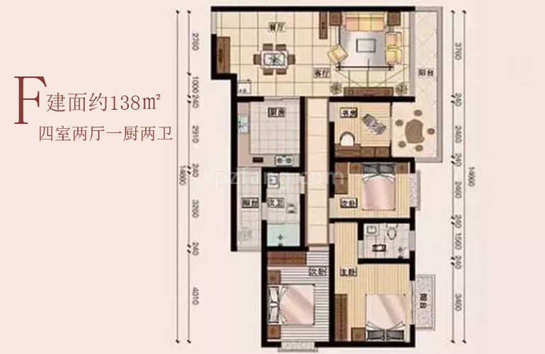 公寓户型：F户型 建面约138㎡ 四室两厅一厨两卫
