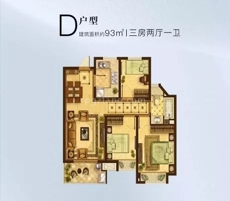 瑞和上海印象 D户型3室2厅1卫1厨93.00㎡