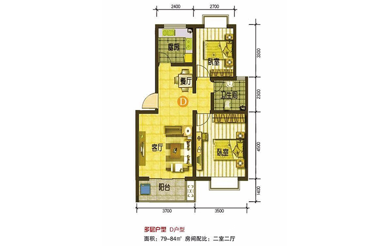 多层D户型2室2厅1卫84㎡ 多层D户型2室2厅1卫84㎡