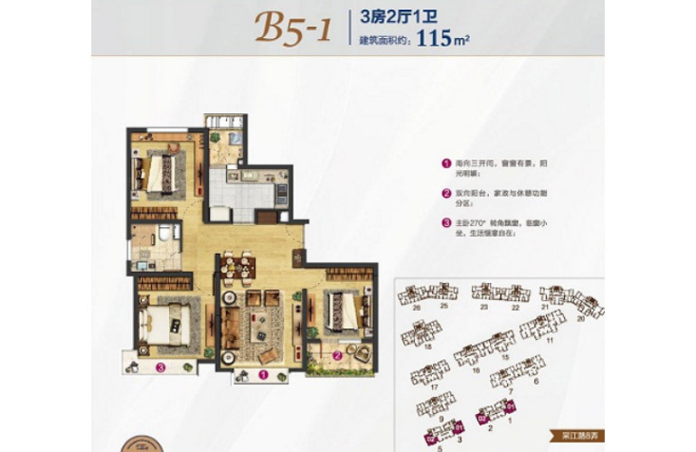 上海长滩 B5-1户型3室2厅1卫115㎡