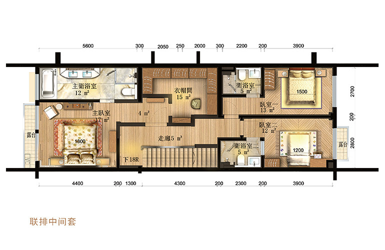 联排 中间户型上层 4室2厅4卫1厨 建面83-102㎡