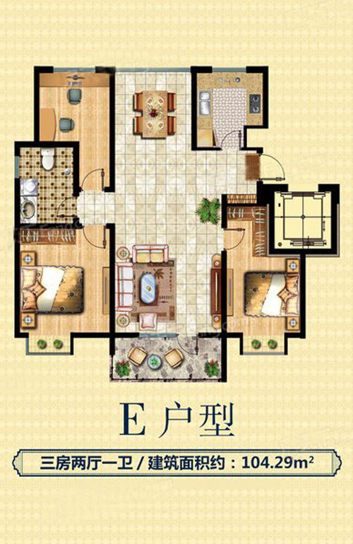 3房2厅1卫 建面104.29㎡ 3房2厅1卫 建面104.29㎡