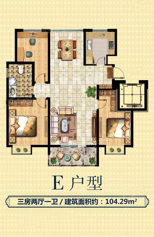 绿扬河景东城 3房2厅1卫 建面104.29㎡