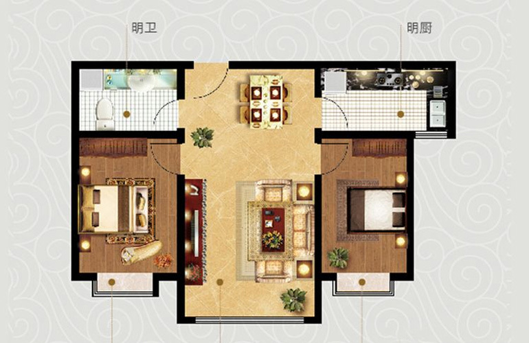 2室2厅1卫1厨 建面86.27㎡ 2室2厅1卫1厨 建面86.27㎡