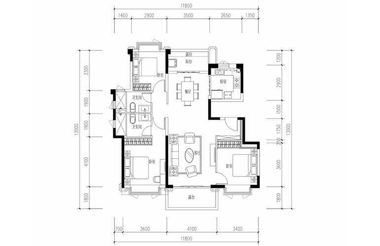 恒大养生谷花园洋房f1户型 3室2厅2卫1厨 建面124.16㎡