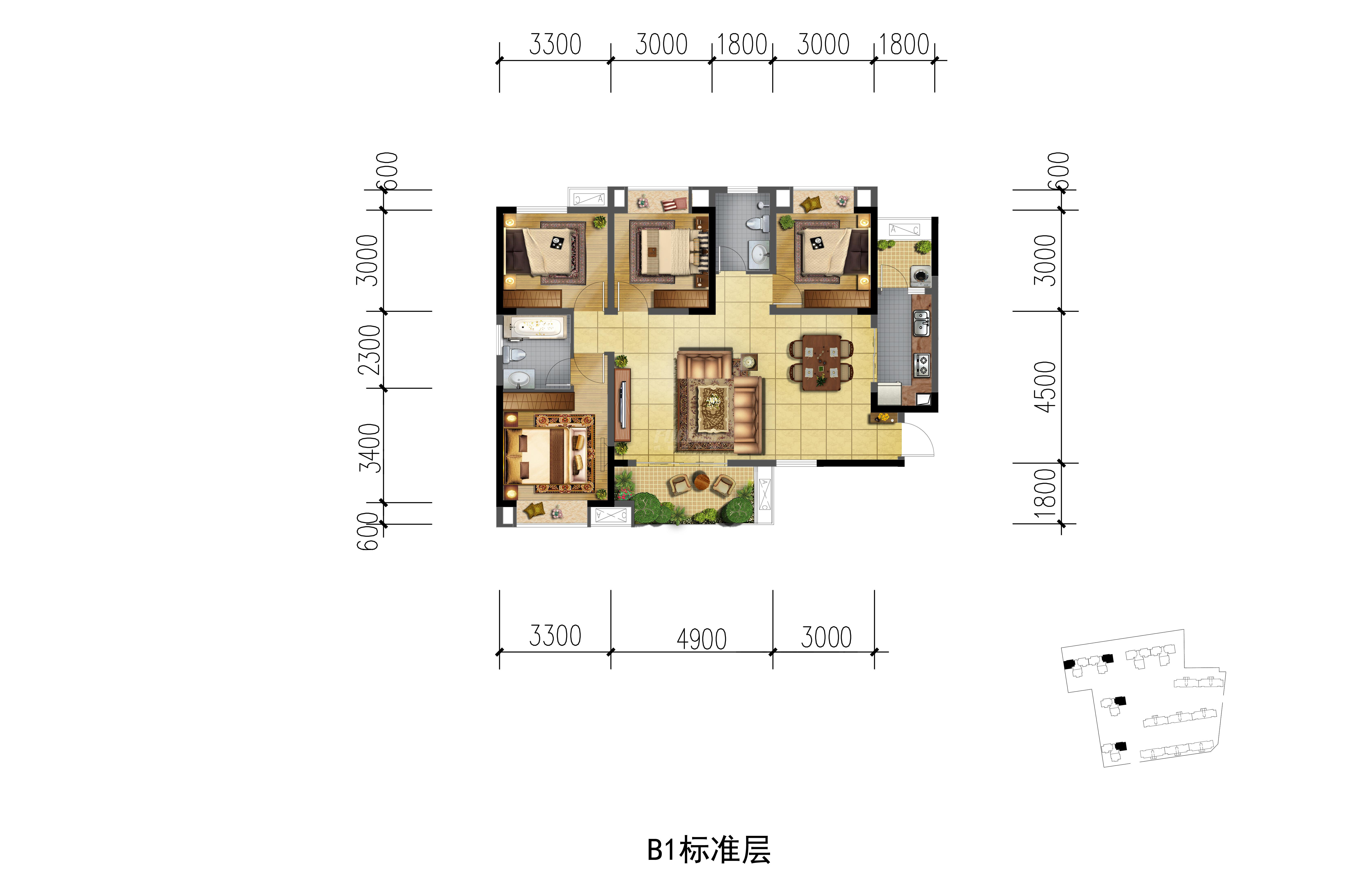 B1户型 4室2厅2卫1厨 建面127.1㎡