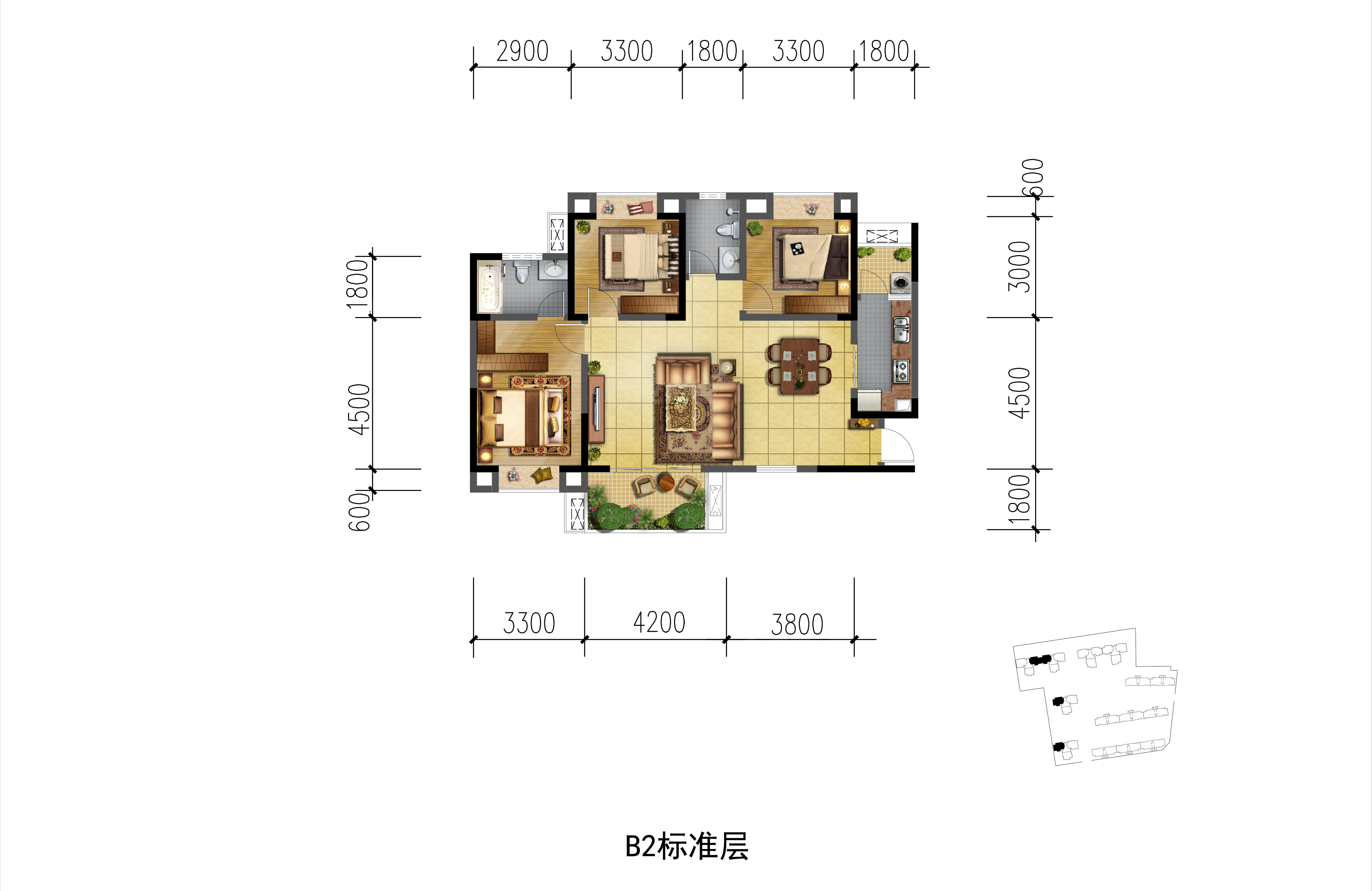 B2户型 3室2厅2卫1厨 建面119.23㎡