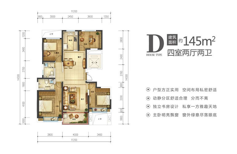 D户型 4室2厅2卫 建面145㎡