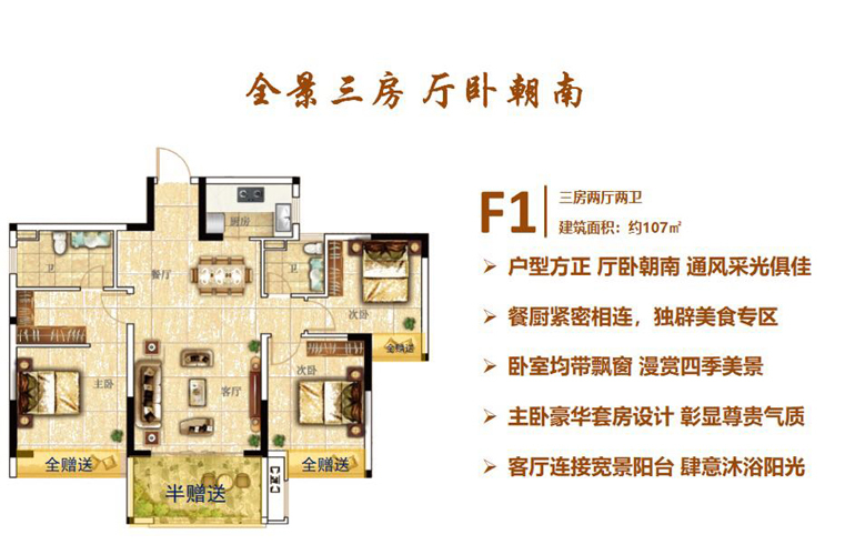 F1户型 三房两厅两卫 建面：107㎡