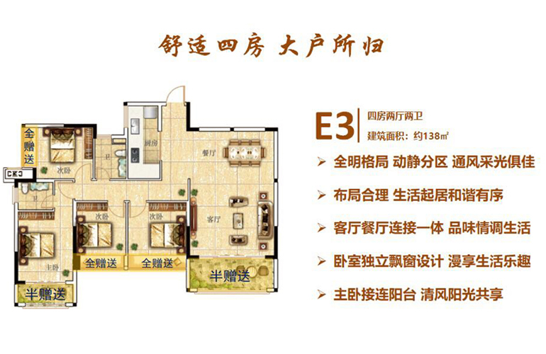 海云轩 E3户型 四房两厅两卫 建面：138㎡