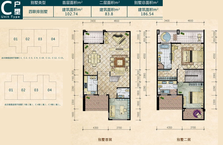 C户型 四联排别墅 建面：186㎡