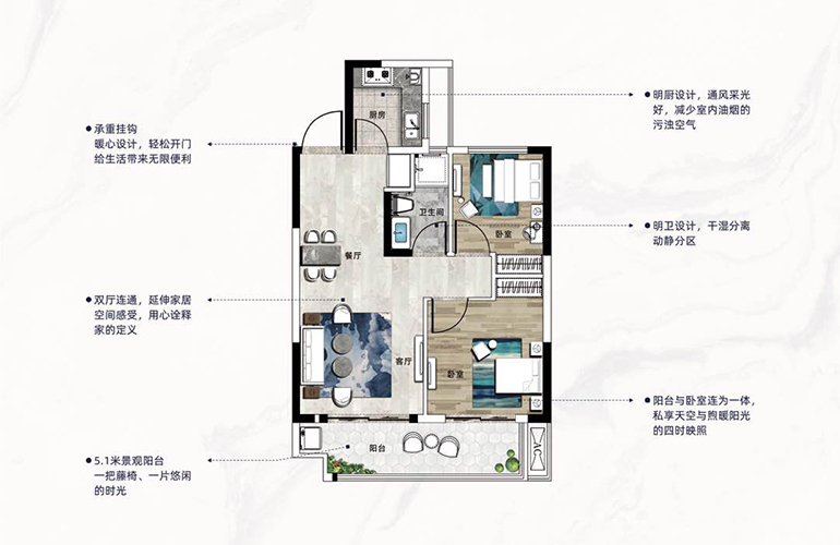 高层 C3户型 两室两厅一卫一厨 建筑面积70㎡