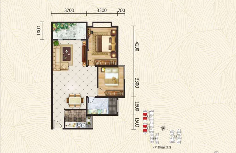 棕榈泉广场 84㎡-1户型 两室两厅一卫一厨 建筑面积84㎡