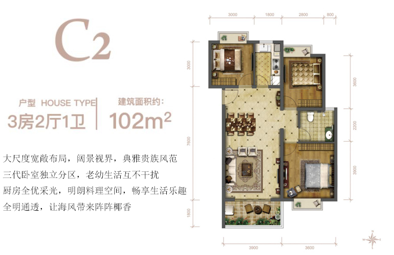 C2户型 三房二厅一卫 建筑面积102㎡