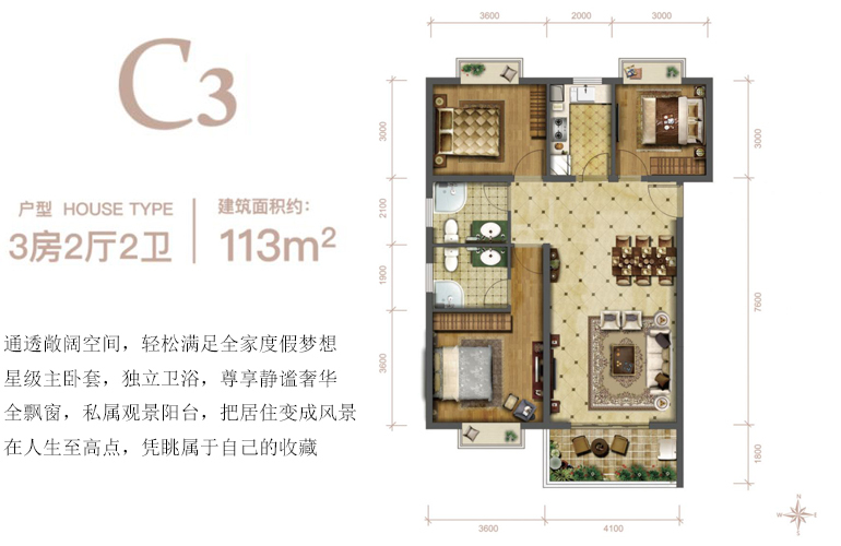 C3户型 三房二厅二卫 建筑面积113㎡