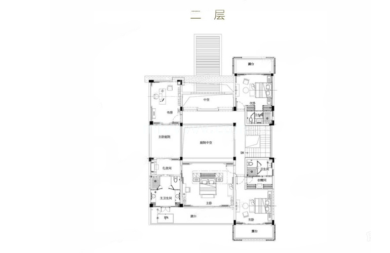 独栋 VC户型 7室2厅6卫 建筑面积406.92㎡ 二层平面图