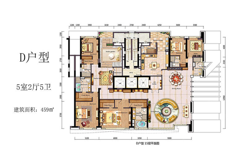 仁恒滨海中心 D户型 5室2厅5卫 建筑面积459.0㎡