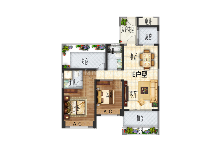 滨江佳苑 高层 E户型 两室两厅两卫 建面约102.13㎡ 2+1户型 