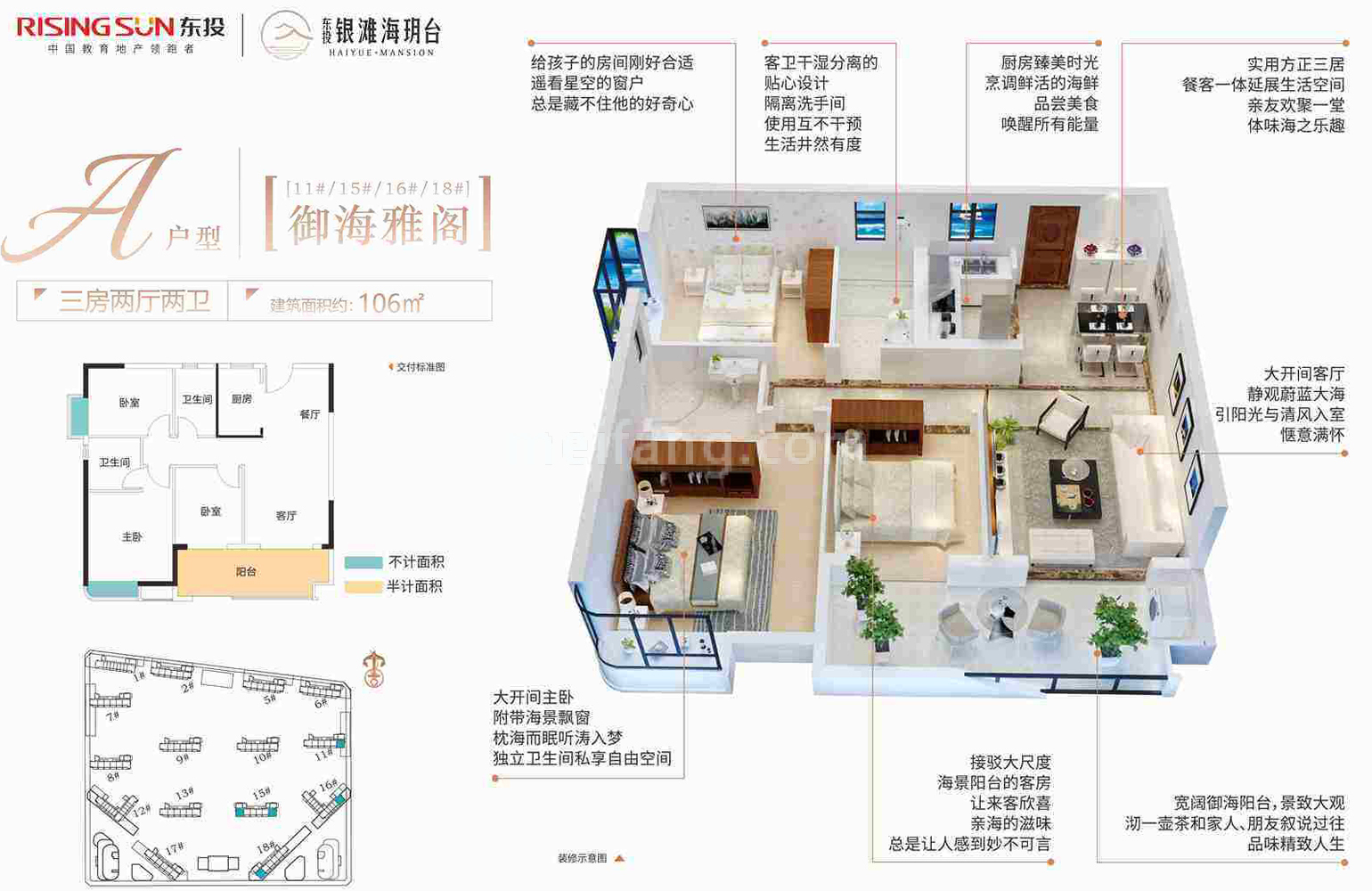 高层 A户型 三房两厅两卫 建筑面积106㎡