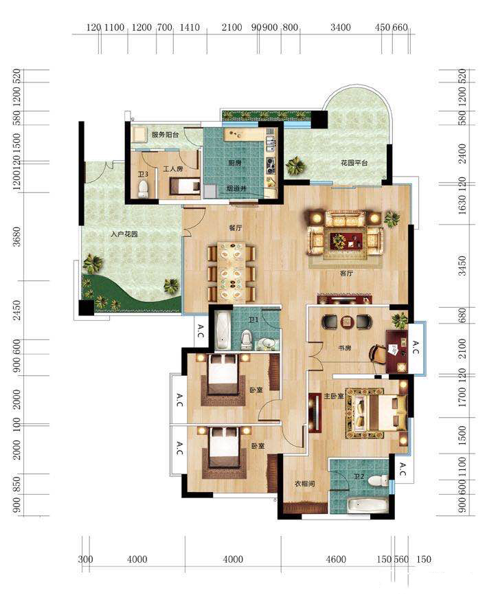 高层 D户型 建筑面积193㎡ 4房2厅2卫 